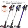 Three cordless vacuum cleaners with different colored accents (red, blue, purple) are displayed, along with a separate image of a HEPA filter. Dotted lines connect the filter to the vacuum cleaners, indicating compatibility. Produktbild-Vorschau