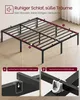 A metal bed frame is shown in a room with a wooden floor and a white wall. Insets show close-ups of the frame's assembly components. Produktbild-Vorschau