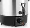 Close-up of a stainless steel electric kettle with a black base and a temperature control dial. A red indicator light is visible. Produktbild-Vorschau