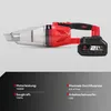 A cordless vacuum cleaner with its battery pack, displayed against a light gray background, with a section below detailing its specifications. Podgląd zdjęcia produktu