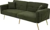 A green sofa bed with gold legs is shown against a white background. Produktbild-Vorschau