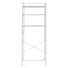 A white, freestanding metal shelving unit with three shelves and cross bracing for stability, set against a plain white background. Produktbild-Vorschau