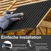 A person is installing black corrugated metal roofing panels on a wooden structure. Voir les images du produit