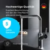 A chrome kitchen faucet with water running, set against a dark countertop and background. Promotional text and icons are overlaid on the image. Produktbild-Vorschau
