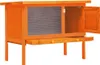An orange wooden rabbit hutch with a wire mesh front and an open door. Produktbild-Vorschau