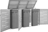 A grey, three-bin trash receptacle enclosure made of metal, with the lids open and doors ajar. Náhled obrázku produktu