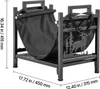 A black metal firewood rack with a fabric holder, featuring a deer silhouette and trees on one side. Dimensions are shown with measurement lines and text. Produktbild-Vorschau
