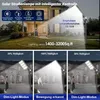 A solar street lamp is shown installed in front of a house, with diagrams illustrating its features and modes of operation. Produktbild-Vorschau