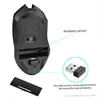The underside of a wireless mouse is shown, with callouts indicating the battery compartment and USB receiver storage. Produktbild-Vorschau