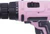 A close-up view of a pink and black cordless drill. Voir les images du produit