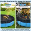 Two images of a round pool cover, one showing it in summer with sun protection and the other in autumn with leaves on top. Produktbild-Vorschau