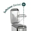 A stainless steel trash can with its lid open, showing a soft-close mechanism. Produktbild-Vorschau