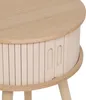 Close-up of a round, two-door side table with a slatted wooden exterior and a light wood top. Voir les images du produit