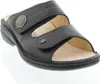 A black leather sandal is shown from the side on a white background. Produktbild-Vorschau