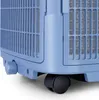 A close-up view of the bottom section of a blue air conditioner unit, showing its wheels and a knob. Produktbild-Vorschau
