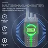 A marketing image showcasing a walkie-talkie with battery information and usage times. Produktbild-Vorschau