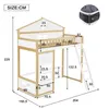 A diagram showing the dimensions of a loft bed with a house-like roof and ladder. Produktbild-Vorschau