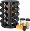 A black spice rack organizer with 16 glass jars filled with spices, and three additional spice jars in the foreground. Produktbild-Vorschau
