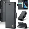 Collage of product images showing a black leather wallet-style phone case for an iPhone. Produktbild-Vorschau