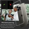 Two people are looking at a phone, with a clear phone case shown prominently. Produktbild-Vorschau