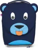 A close-up front view of a blue children's trolley suitcase designed to look like a bear's face.