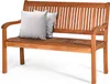 A wooden garden bench with two decorative pillows on it, set against a white background. Podgląd zdjęcia produktu