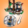 A LEGO Jurassic World Gyrosphere with a minifigure inside, shown descending from a LEGO structure. Produktbild-Vorschau