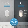 A split image showing an LED night light in different lighting conditions and its features. The left side shows the light in daylight mode, and the right side shows it in dim light mode with different brightness levels indicated. Podgląd zdjęcia produktu