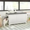 SoBuy Schuhbank Katzenmöbel FSR136-W: Zwei Katzen nutzen die Bank als Ruhe- und Katzentoilettenbereich im Wohnzimmer Náhľad obrázku produktu