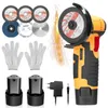 A collection of tools and accessories for a mini angle grinder, including the grinder itself, batteries, charger, and various cutting and grinding discs. Náhľad obrázku produktu