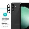 A close-up marketing image showing a smartphone's camera lens protector and the phone itself, with descriptive text in German and English. Produktbild-Vorschau