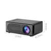 A black mini projector with dimensions indicated by white text and lines. Produktbild-Vorschau