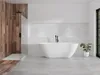 A modern bathroom with a freestanding bathtub, a walk-in shower with wooden accents, and a potted plant. Produktbild-Vorschau