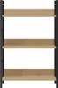 A simple, front-facing view of a three-tiered bookshelf with a wooden finish and black metal frame, set against a plain white background. Podgląd zdjęcia produktu