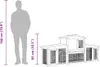 A diagram showing the dimensions of a large rabbit hutch next to a silhouette of a person. Produktbild-Vorschau