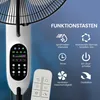 A close-up of a white standing fan with a digital display and a remote control, with feature icons and text overlays. Produktbild-Vorschau