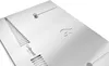 A close-up, angled view of a brushed stainless steel panel with ventilation slots and a logo. Produktbild-Vorschau