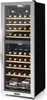 A tall, narrow wine refrigerator with wooden shelves filled with wine bottles. The refrigerator has a glass door and a digital display on the front. Produktbild-Vorschau