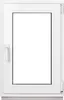 A white PVC window frame with a clear glass pane, shown from the front. Produktbild-Vorschau