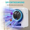 A white mini-clothes dryer is shown with UV light rays emanating from it, targeting cartoonish representations of viruses. Produktbild-Vorschau