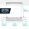 A ceiling-mounted electric clothes dryer is shown with dimensions and features highlighted. Produktbild-Vorschau