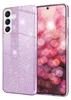 A smartphone case with glitter is shown next to a smartphone with a bokeh background.