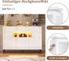 A white sideboard with yellow LED lighting, decorated with items on top, and close-up views of protective film and cleaning. Voir les images du produit