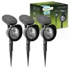 Three black solar garden spotlights with stakes are displayed in front of their packaging. Produktbild-Vorschau