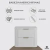 A marketing image showcasing a white bathroom cabinet with icons and text highlighting its features. Produktbild-Vorschau