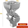 A silver-colored grain mill attachment for a KitchenAid mixer, with dimensions and feature callouts. Produktbild-Vorschau