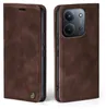 A brown leather flip case for a smartphone is shown from two angles. Produktbild-Vorschau
