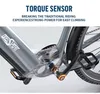 Close-up of an e-bike's crankset and pedal area, highlighting the torque sensor. Produktbild-Vorschau