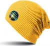A yellow beanie hat is shown against a white background.