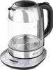 A studio shot of a glass electric kettle on its base.